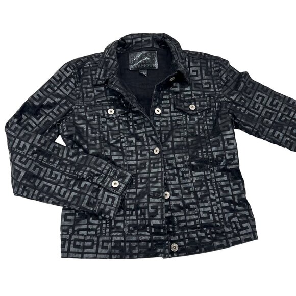 Guess Jeans Glamour Black Patterned Jacket With Button Front & Collared Large - Picture 1 of 4